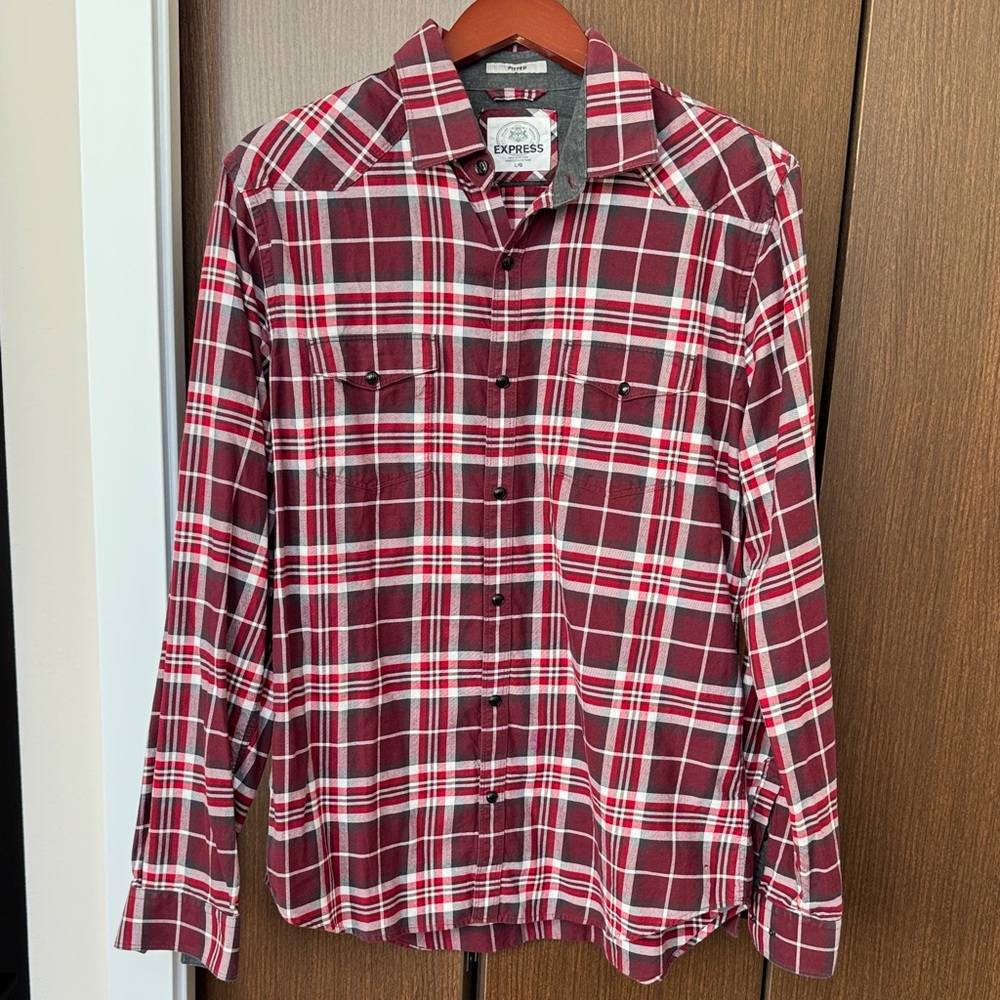 Express Men's Burgundy/Red and White Plaid Shirt